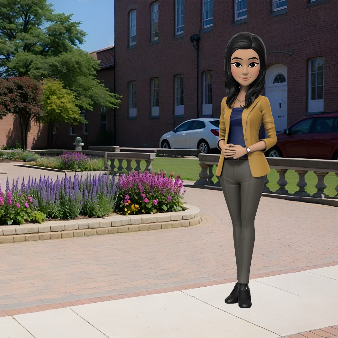 3D illustration of Ava, a professional woman with long dark hair, wearing a gold blazer, navy shirt, and dark pants, standing confidently.