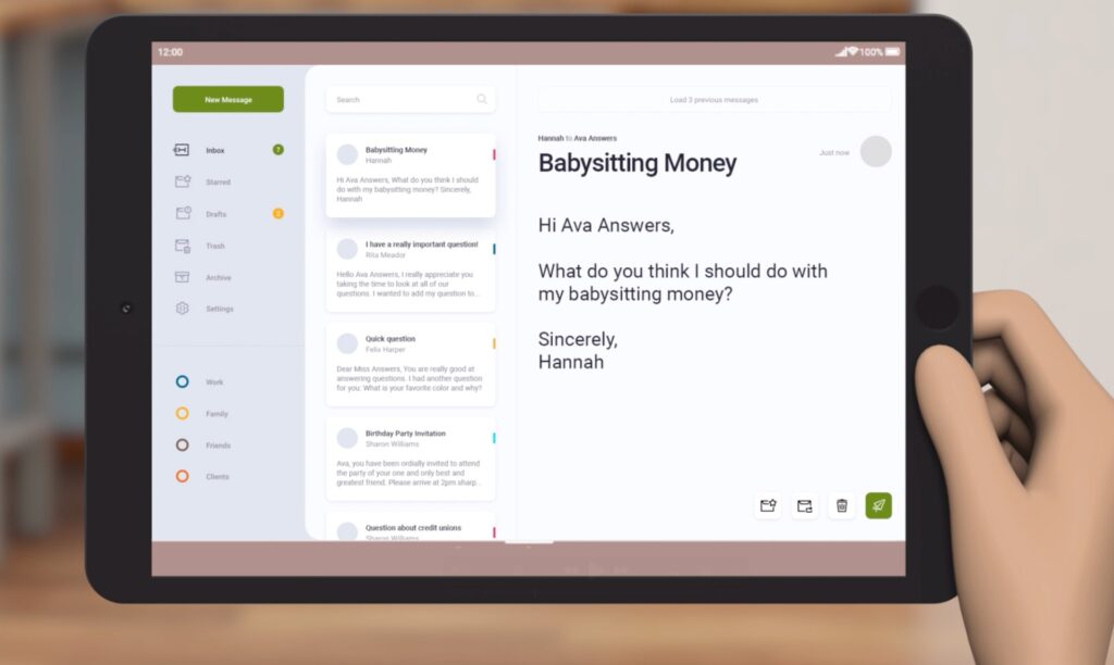 Animated scene of a person holding a tablet displaying an email to Ava Answers asking, “What do you think I should do with my babysitting money?”