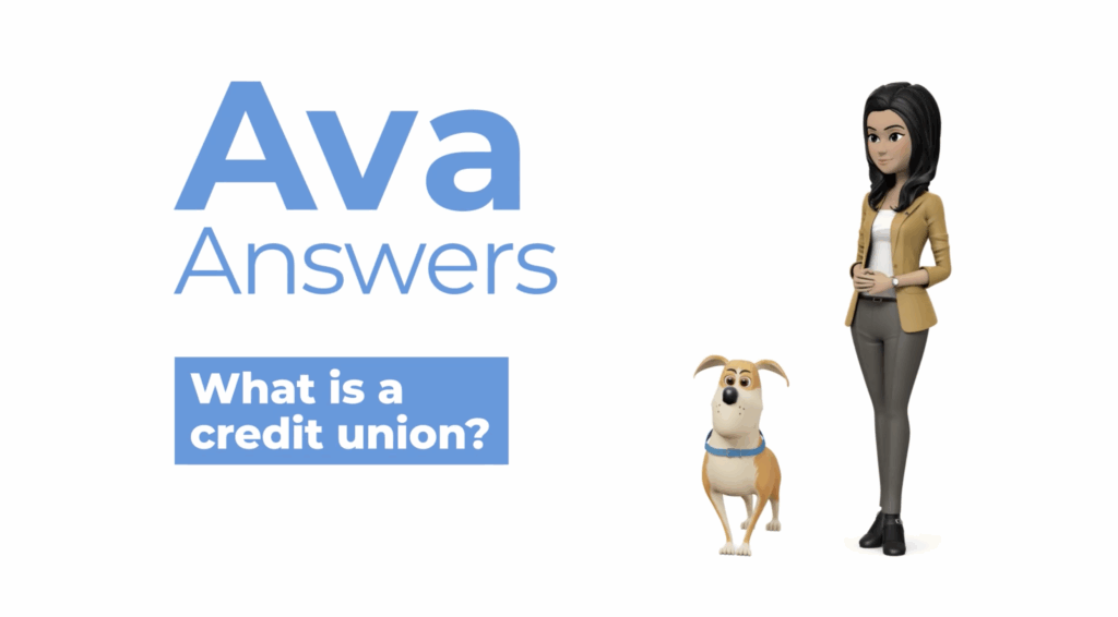 Illustration of Ava Answers character standing beside a friendly dog with the title text “Ava Answers: What is a credit union?” displayed in blue on a white background.