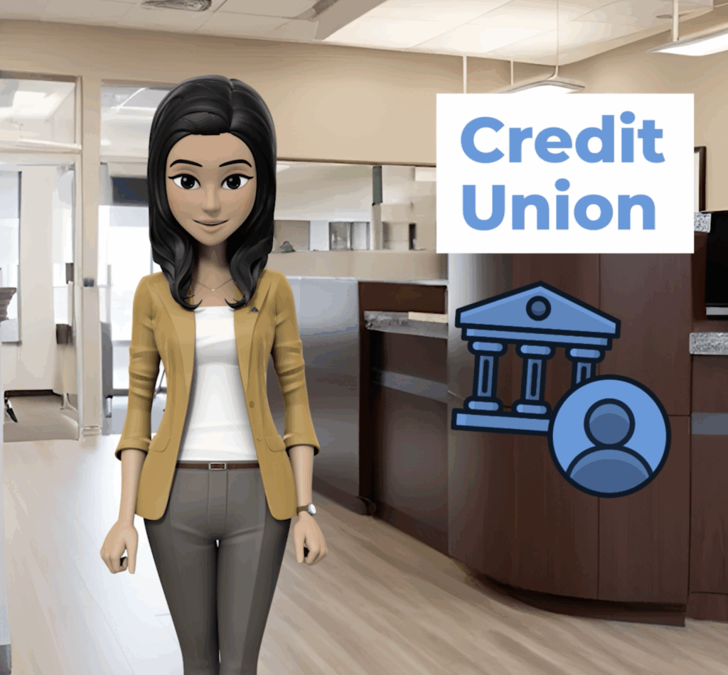 Illustration of Ava, the Ava Answers character, standing inside a modern credit union branch with a blue “Credit Union” graphic and bank icon beside her.