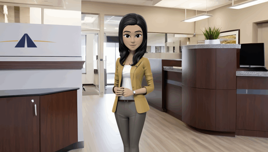 Illustration of Ava, the Ava Answers character, standing in a modern credit union branch lobby wearing a gold blazer and gray slacks.