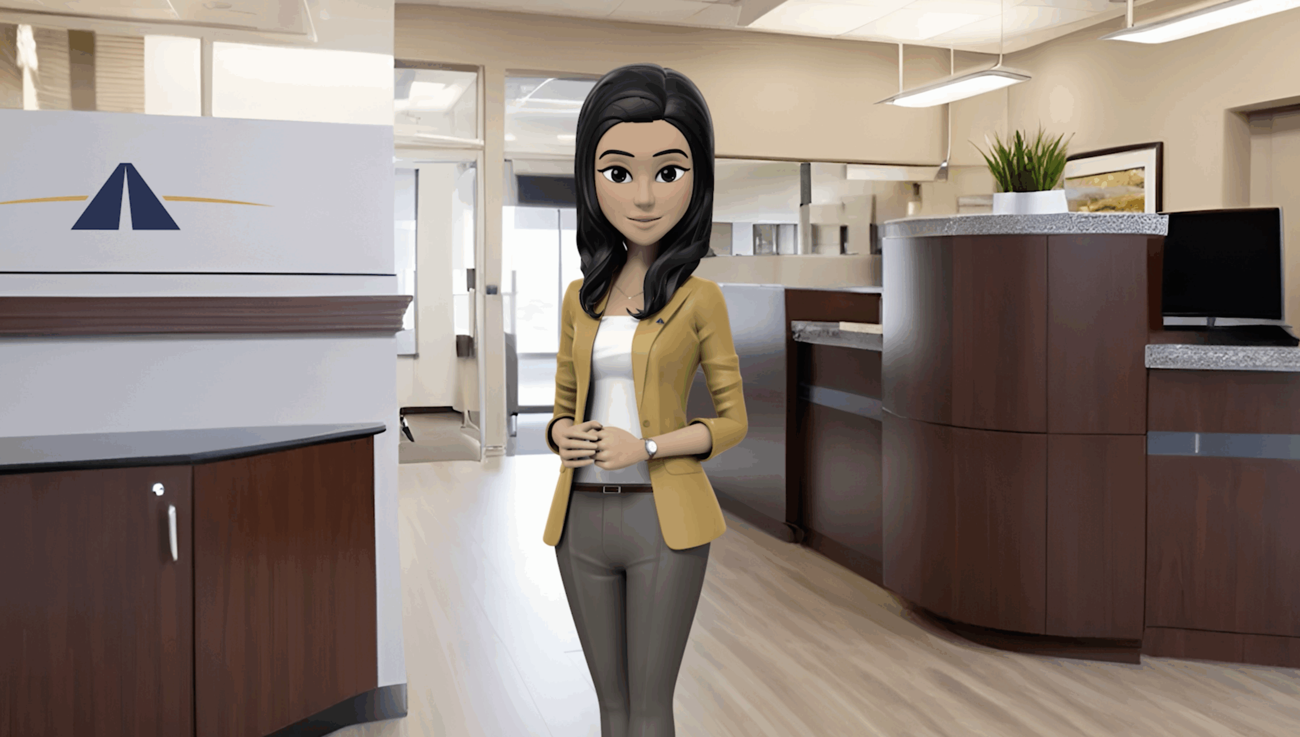 Illustration of Ava, the Ava Answers character, standing in a modern credit union branch lobby wearing a gold blazer and gray slacks.