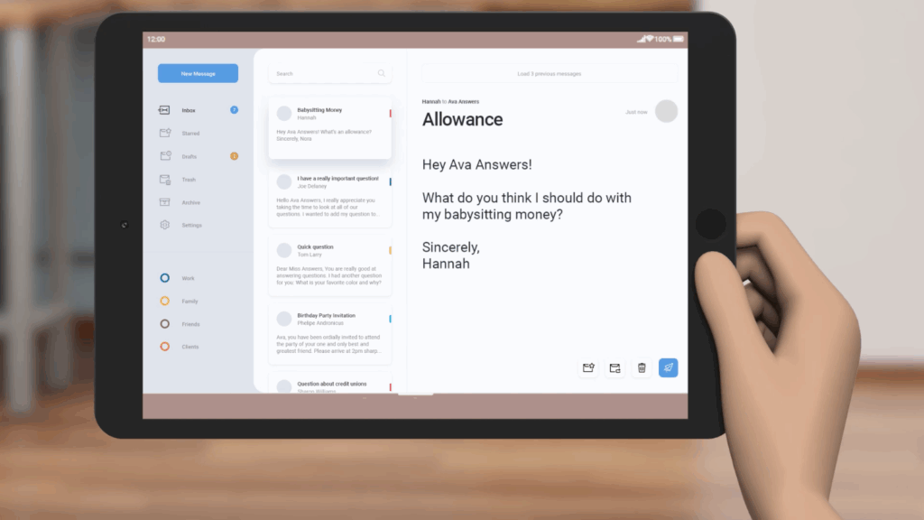 Ava Answers reads an email on her tablet asking what to do with babysitting money.