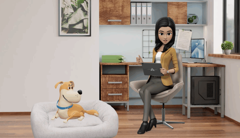Ava Answers and her dog Kash in a bright office setting discussing financial tips on a tablet.