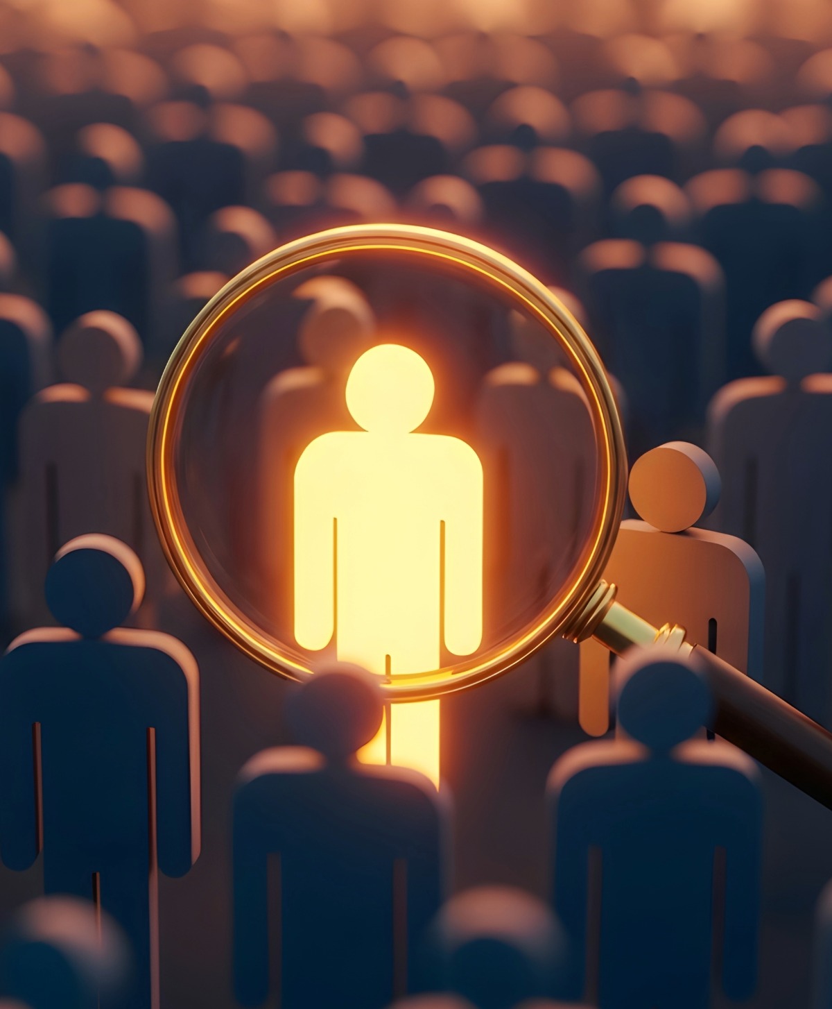 A glowing figure highlighted under a magnifying glass among a crowd of dark silhouettes, symbolizing focus, leadership, and individuality.