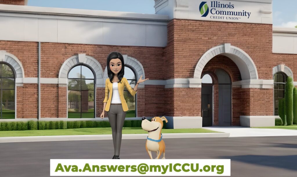 Animated character Ava and her dog standing outside Illinois Community Credit Union with a contact email displayed.