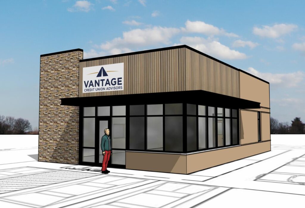 External view of micro branch concept design with branding colors and different textures.