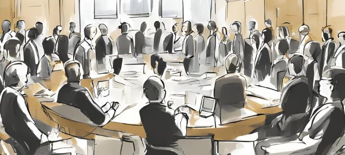 Drawing of a Board Room Table with Attendees Focused in One Direction