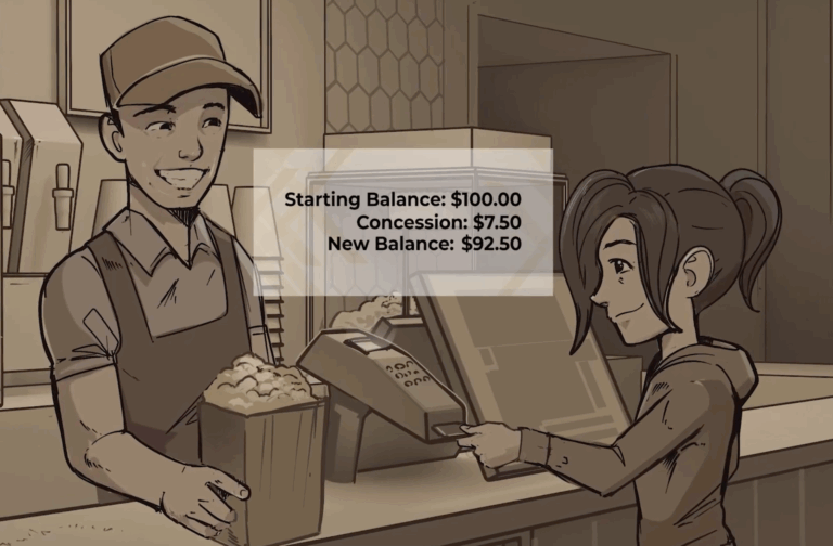 Ava Answers paying for movie concessions with a debit card.