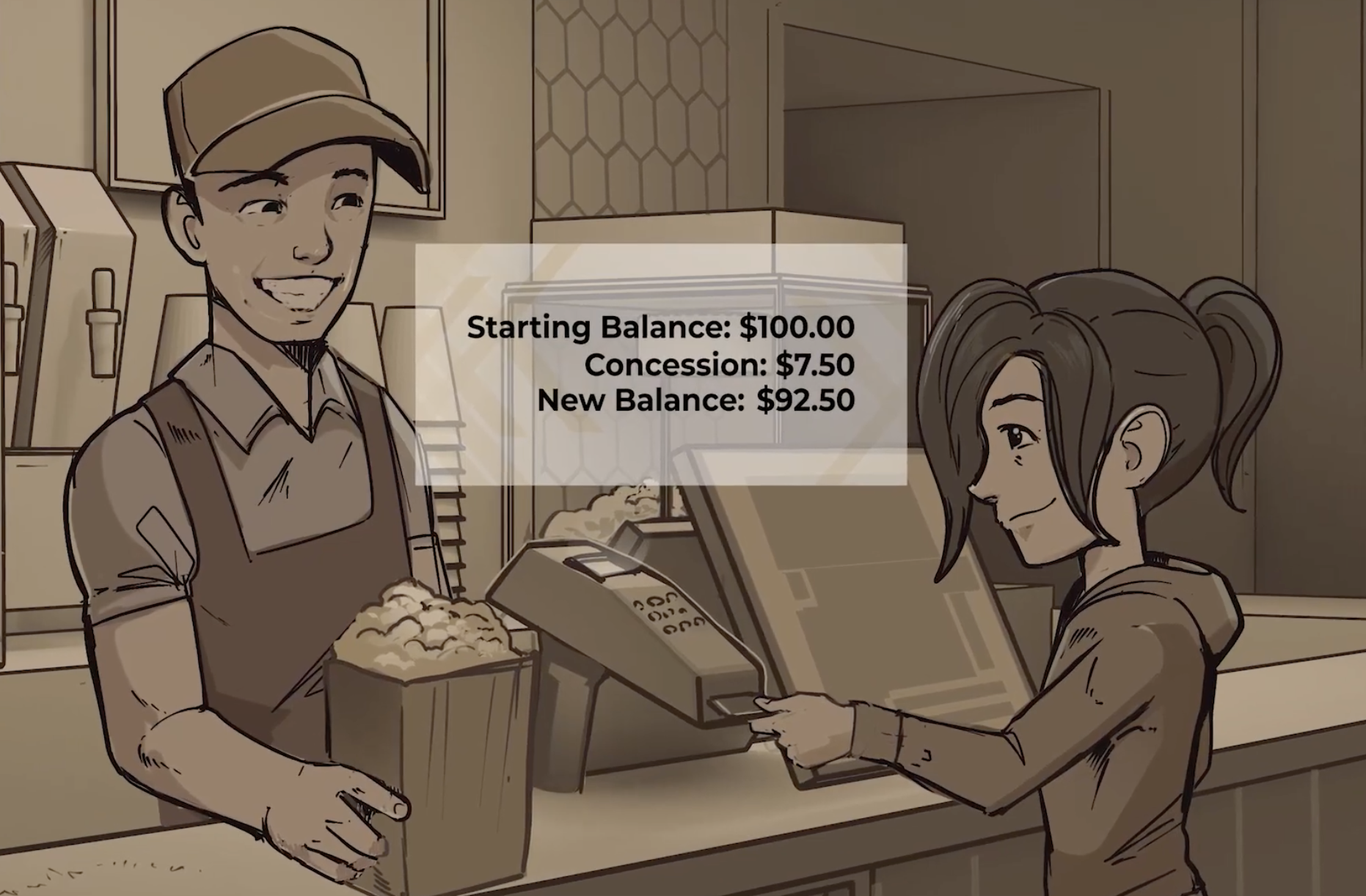 Ava Answers paying for movie concessions with a debit card.